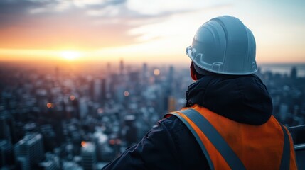 Obraz premium A worker in a helmet and safety vest gazes at the city during sunset, with the skyline spread out before them, representing resilience and a future-focused mindset.