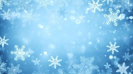 white snowflakes on gradient blue background, bokeh effect, snowy night, snowfall, festive background. Christmas, New Year, winter holiday concept. packaging design, website header, digital wallpaper