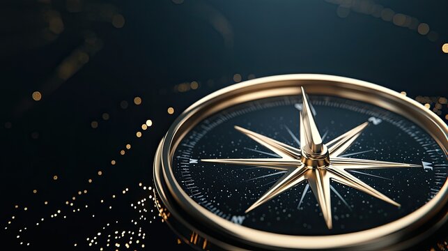 The antique compass displays a golden body and intricate craftsmanship, with the needle visibly oriented north, set against a contrasting dark background