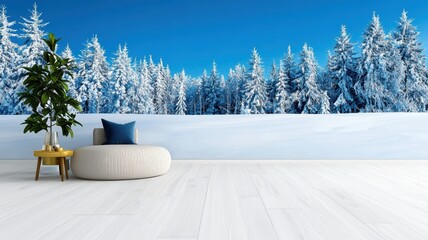 Fototapeta premium Serene Scandinavian Winter Retreat: Minimalist Living Room with Textured Accents and Snowy Tree View,3D rendering