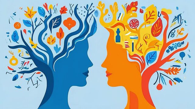 two heads  with  tree branches  and  colorful leaves  coming out of them
