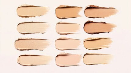 Obraz premium A streak of creamy beige concealer swatches, arranged in various light and medium tones, with soft brush strokes.