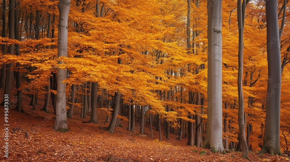 Poster Autumn leaves create a vibrant carpet beneath tall trees in a serene forest during the fall season