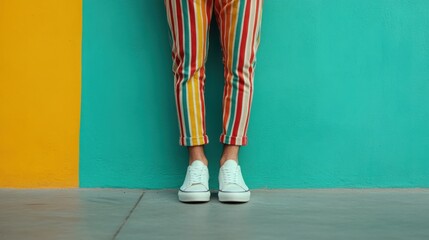 A person stands against a brightly colored wall, wearing vibrant striped pants and white sneakers, showcasing a unique fashion sense and lively attire.