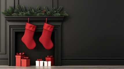 Elegant black mantle decorated with red stockings and Christmas gifts, creating a festive holiday atmosphere.