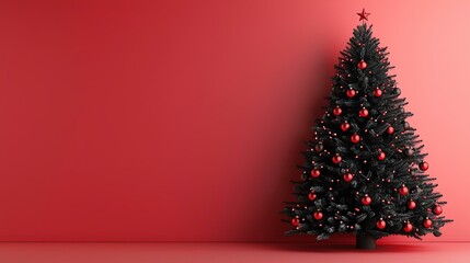 Festive Christmas tree decorated with red ornaments against a vibrant red background, perfect for holiday-themed stock photos.