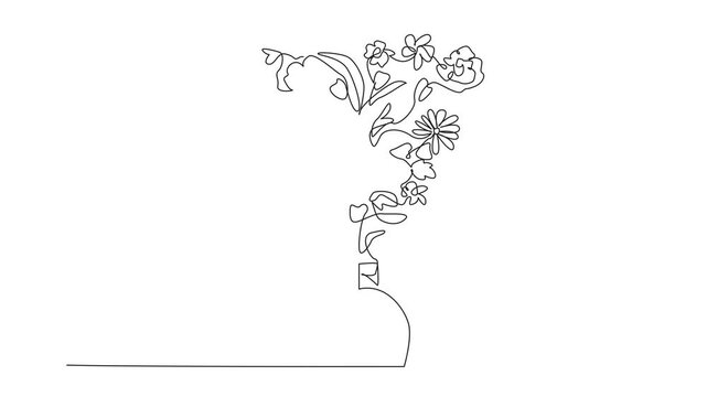 Animated self drawing of continuous one line drawing flowers and leaves on top a perfume bottle. Made from fresh floral aroma. To get natural freshness. National Fragrance Day. Full length animation