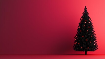 Minimalist Christmas tree with lights on red background, perfect for holiday themes and festive occasions.