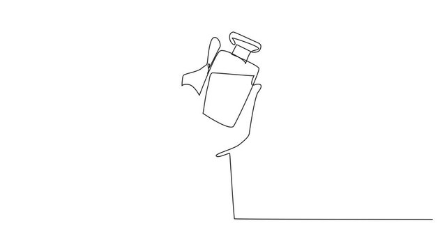 Animation of single continuous line drawing hand hold perfume bottle. Shake gently before spraying and ready to use. Jasmine scent. National Fragrance Day. Self drawing animated. Full length motion