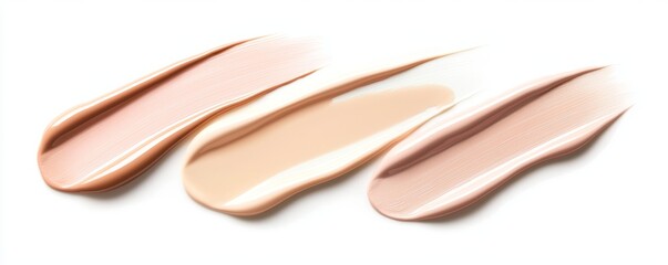 A trendy layout of liquid foundation swatches, featuring beige and peach tones in a soft gradient from light to medium.