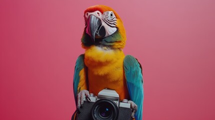Parrot Holding a Camera on a Pink Background