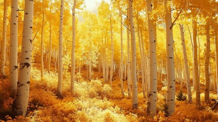 Golden autumn hues envelop aspen trees in a serene forest during the peak fall season