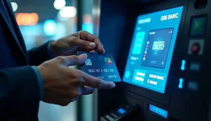 Modern technology banking money financial management saving funds inserting credit card into ATM machine withdrawing cash, bank account information transaction transfer, futuristic graphics and icon