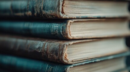 A close-up view of five old, blue-bound books stacked on top of each other, illustrating the accumulation of knowledge and a passion for reading and literature.