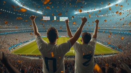 Two men are standing in a stadium, both wearing white jerseys and holding up their arms in celebration. The crowd around them is cheering and there are several people in the background