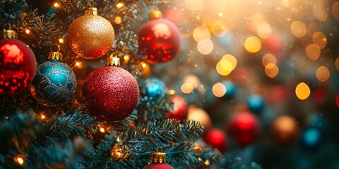 Close-up of a beautifully decorated Christmas tree with glittering ornaments and warm, festive lights creating a magical holiday atmosphere.