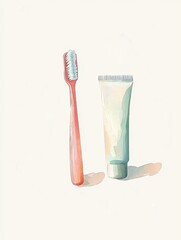 Simple watercolor illustration of a red toothbrush and a toothpaste tube placed side by side on a light, minimalistic background.