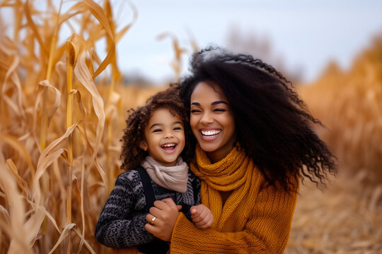 portrait of a family spending time active: mother and her girl kid having fun in autumn corn maze; copy space