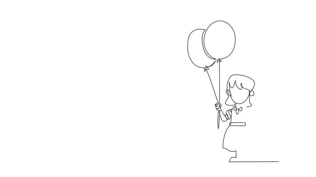 Animated self drawing of continuous one line drawing girl holding yellow and blue balloons with one hand. Gesture. Symbol of caring for others. Disorder. World Down Syndrome Day. Full length animation