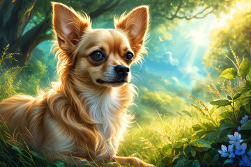 A small, brown Chihuahua with long fur sitting on the grass in a forest setting.