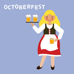 Smiling Oktoberfest Waitress in Traditional Dress Serving Beer