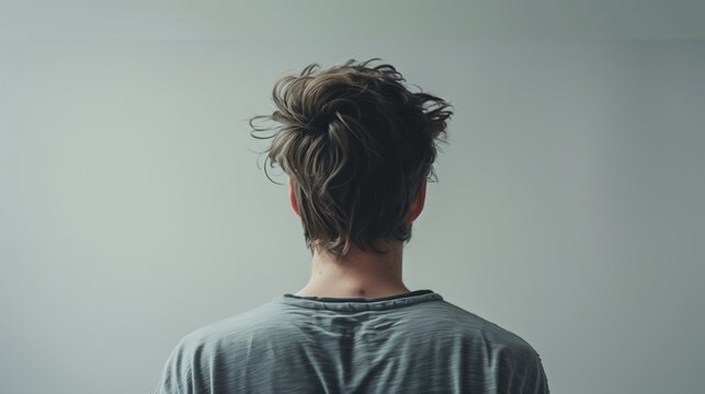 Rear View of Casual Young Man with Messy Hair Wearing Gray T-Shirt, Against Plain Background