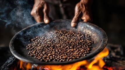 Hands carefully holding a metal plate filled with freshly roasted coffee beans above an open flame, showcasing the traditional coffee roasting process.