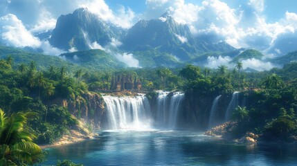 Fototapeta premium Lush landscape featuring waterfalls and mountains under a bright sky.