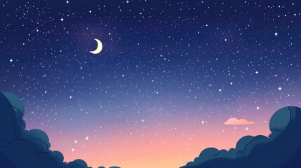 Naklejka premium Enchanting starry nights featuring luminous stars against a gradient sky presented in a 2D cartoon style illustration