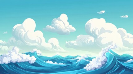 Cartoon scene featuring waves and clouds in a nautical theme