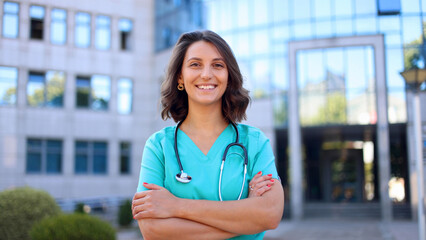 Beautiful, young doctor on a break outside