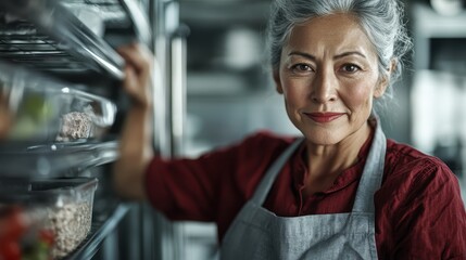 A confident elderly woman smiles warmly in a kitchen, wearing an apron. She exudes hospitality, warmth, and culinary devotion with genuine charm.