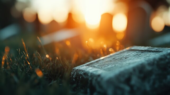 A historic gravestone in a peaceful cemetery, partially covered with grass and softly illuminated by golden sunset rays, symbolizing the passage of time.