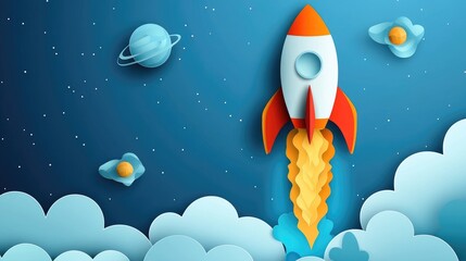 Paper cut rocket ship icon on blue background representing space travel in a paper art style with a 2D cartoon design