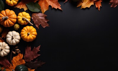 Top view frame Thanksgiving Autumn decoration leaves and pumpkin on dark background overhead shot