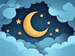 Paper cut night sky featuring a dreamy backdrop with moon stars and clouds creating an abstract fantasy scene in a 2D cartoon origami style illustration