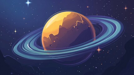 Fototapeta premium Flat 2D cartoon illustration depicting a planet surrounded by a ring
