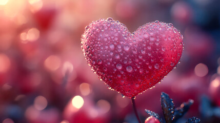 Fototapeta premium Close-up of a heart-shaped object covered in tiny water droplets, set against a softly blurred pink background