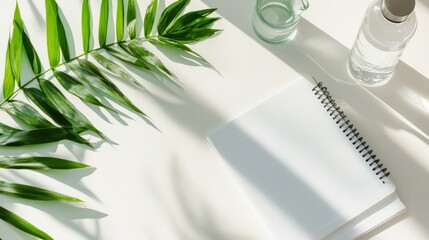 A clean, desk with a wellness planner, water bottle, and a leafy plant