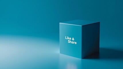 Captivating Teal Cube With Bold 'Like & Share' Message Against Soft Gradient Background