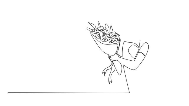 Self drawing animation of single one line drawing man hugging woman and woman holding bouquet of flowers. Saying yes when proposed. Day of happiness. National Proposal Day. Full length animated