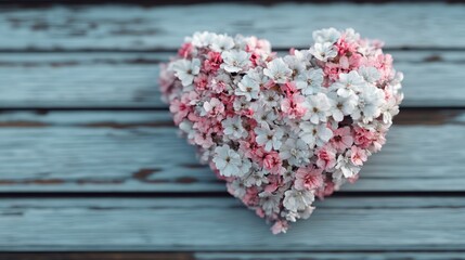 A heart-shaped arrangement of pink and white flowers meticulously placed on a rustic wooden surface, creating a charming and romantic visual aesthetic.