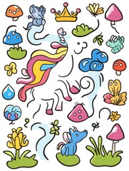 Obraz premium Fantasy unicorn maze for children featuring magical elements like crystals crowns gems butterflies frogs and mushrooms Easy fairytale labyrinth game or activity for preschoolers