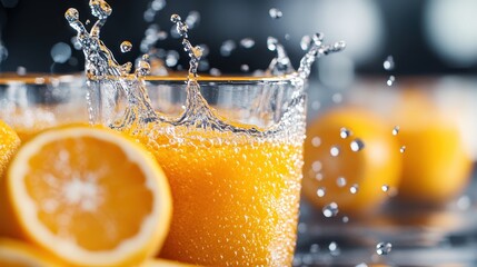 A close-up shot of a refreshing glass of orange juice with splashes, capturing the lively and fresh essence of the beverage. Fresh orange slices complement the scene.