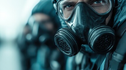This image captures individuals clad in protective gas masks, seemingly in a hazardous or polluted outdoor environment, highlighting preparedness and safety in adverse conditions.
