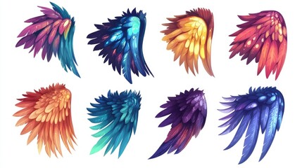 Obraz premium Colorful cartoon wings of fantasy creatures and animals featuring unique designs Isolated 2D illustration showcasing whimsical wing pairs