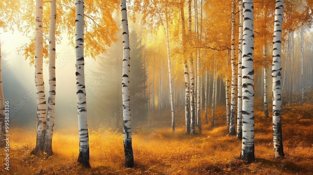 Wall mural Golden autumn light filters through a forest of aspens in a tranquil setting with fog and vibrant foliage at dawn