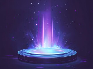 Realistic 2D cartoon illustration of a teleport podium featuring magical aura light effects with 3D elements on a dark background Fantasy themed design template