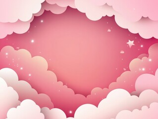 Pink romantic clouds in a paper cut style featuring a cloudy rose sky 2D cartoon illustration with a celestial border frame and space for text Playful pastel header for a dreamy celebration