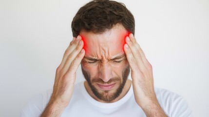 Fototapeta premium A man squeezing his head in pain, close-up migraine focus, hyperrealistic digital art, isolated on white background